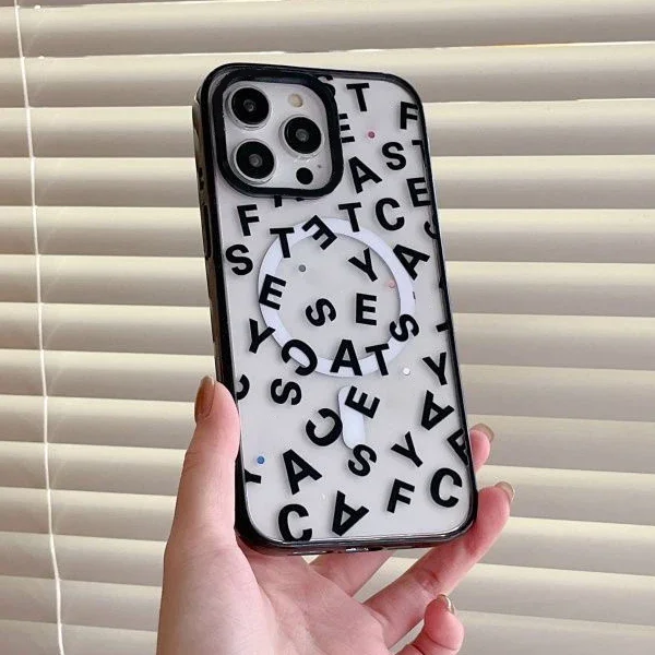 Fashion Letters 2.0 Acrylic Black Border MagSafe iPhone 12 13 14 15 Pro Max Protective Mobile Phone Case Cover Shell