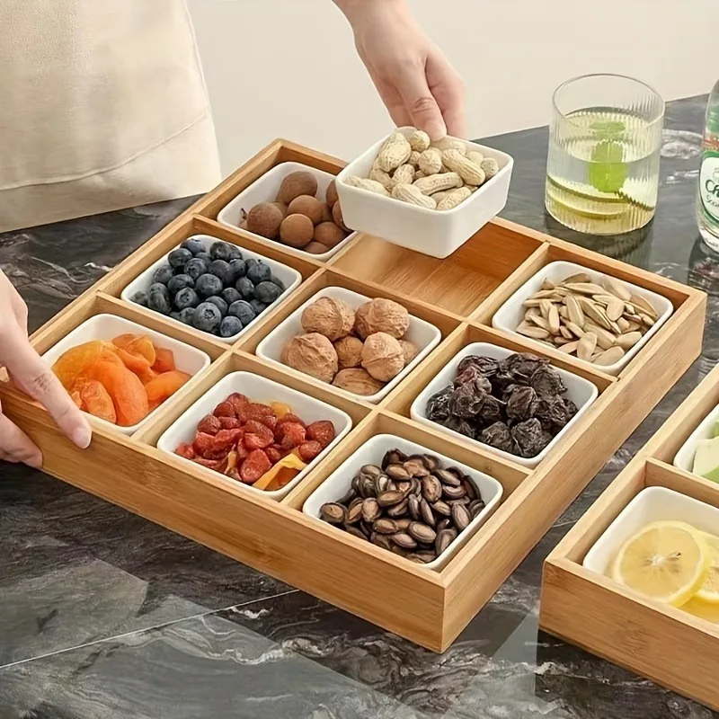 9-compartment Multifunctional Bamboo Partition Box, Snack Box, Fruit, Nut And Candy Hot Pot Box-Suitable For Kitchen, Co