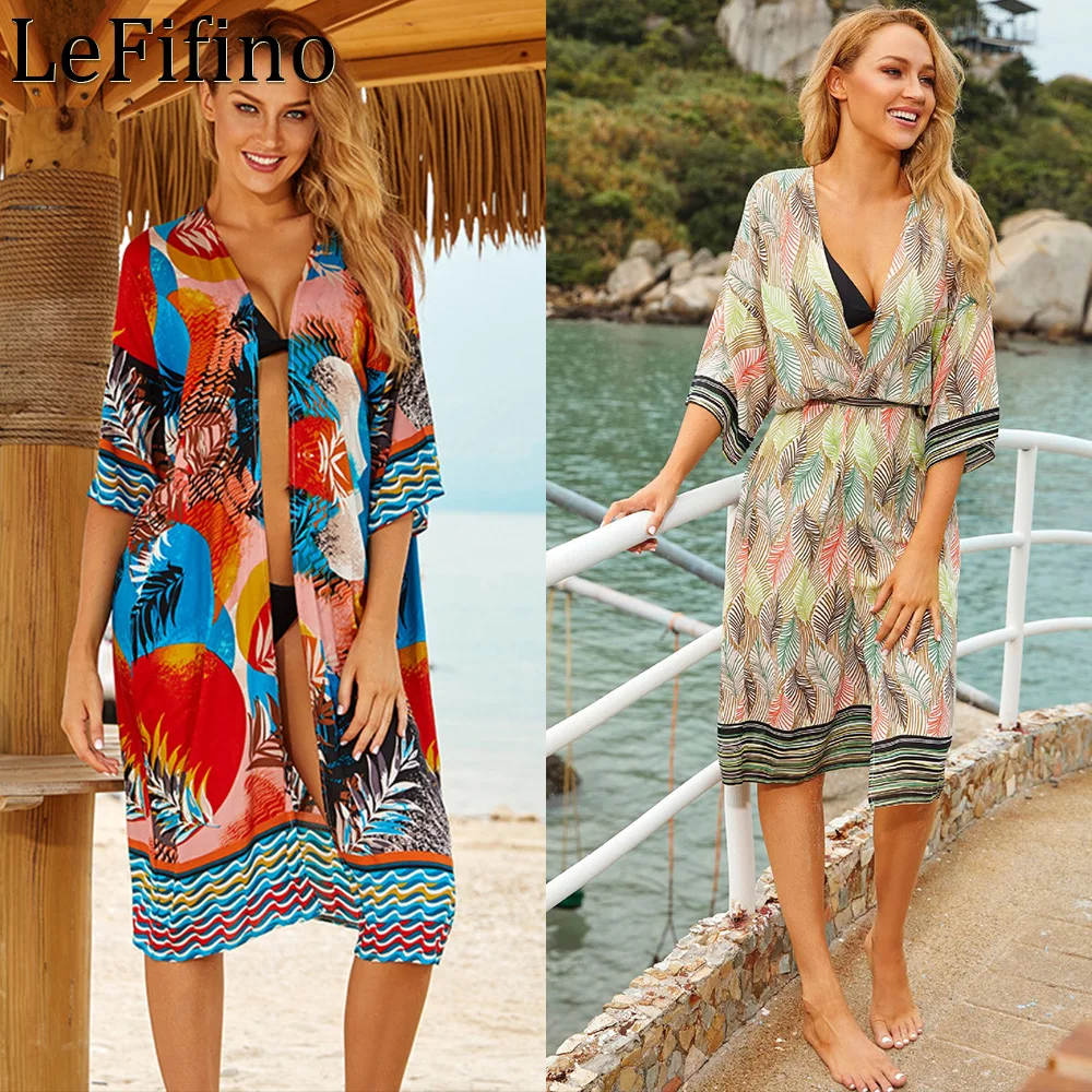 

Summer Fashion Green Leaf Printing Loose Fit Cardigan Seaside Vacation Robe Sunscreen Outwear Swimsuit Bikini Cover Up For Women