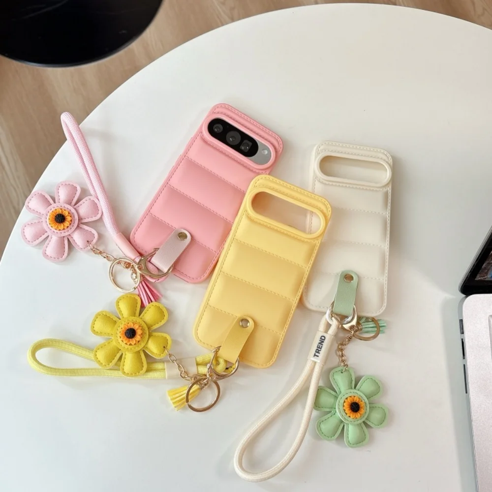 Cartoon Sunflower Down Jacket Lanyard Case with Hand Wrist Strap - Soft TPU Cover