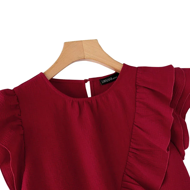 ZANZEA Women Chic Ruffle Blouse Vintage Short Sleeve Peplum Tops Holiday Summer Round Neck Tunic Casual Multilayer Pleated Shirt