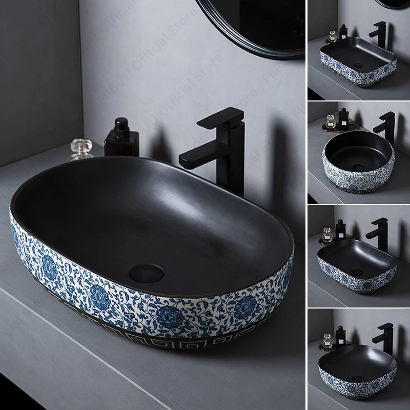 Ceramic Table Sink With Fancy Pattern Porcelain Vessel Sink Bathroom Balcony Wash Basin  Lavatory Vanity Sink Countertop Basin 6