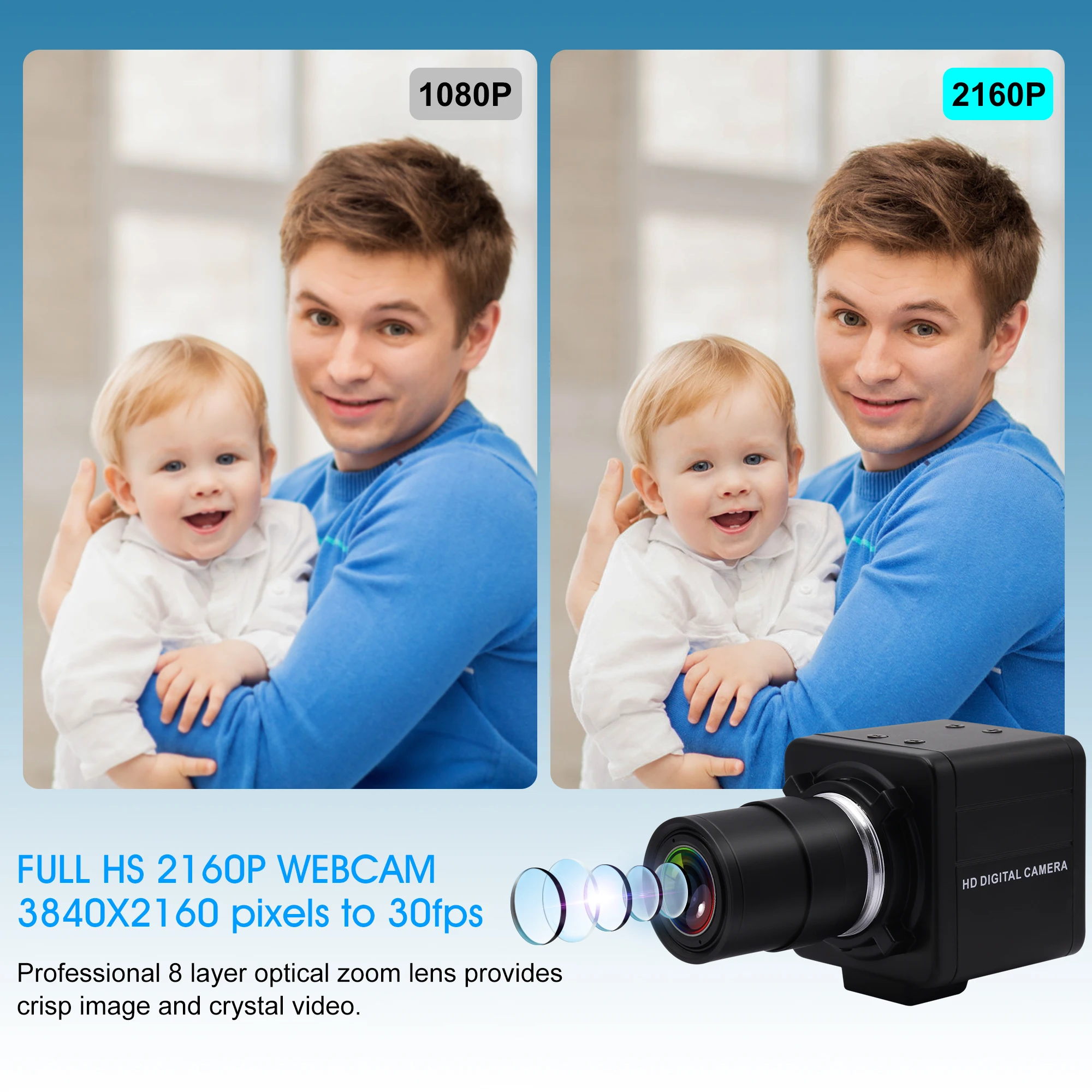 ELP 4K 가변 초점 USB 카메라, IMX415 CS 마운트 렌즈, 울트라 HD 프리 드라이버, 10x 광학 수동 줌, 화상 회의용 미니 웹캠
