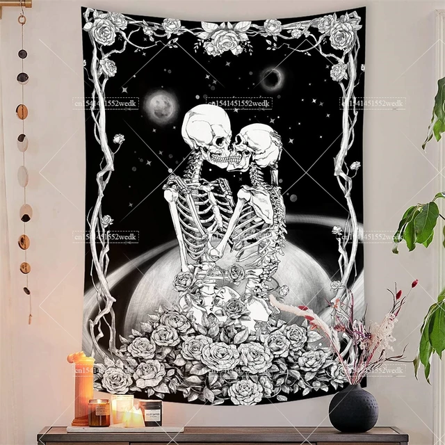 Tapisserie de mariage pour Couple amoureux du crâne, carte de Tarot, étoile, lune, Divination, tissu mural bohème, squelette, couvertures à fleurs de roses 3