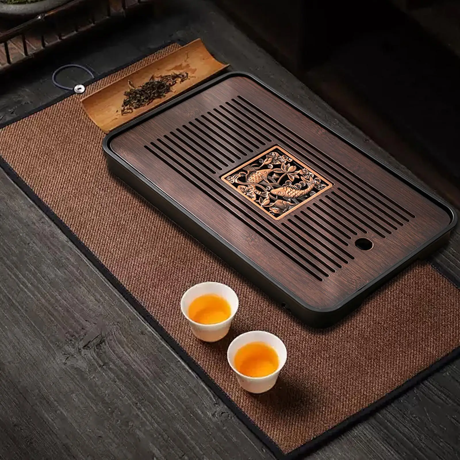 竹茶盤、茶盆、 長方形の貯水池型竹製ティートレイ、取り外し可能なクリーニング、ホームオフィスの装飾トレイ(29.5*17.5cm)