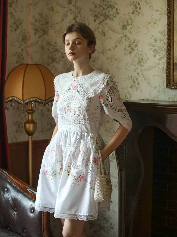 

Free Shipping Summer White Dresses For Women Antique Embroidered Limited Edition Handmade Crochet Dress Elegant Slim Short Dress