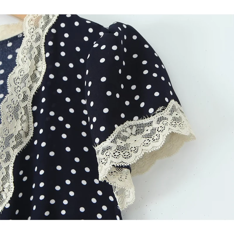 YENKYE 2025 Women Navy Blue Polka Dot Long Dress Lace Trim V Neck Short Sleeve A-line Elegant Holiday Dresses Summe Maxi Robe 4