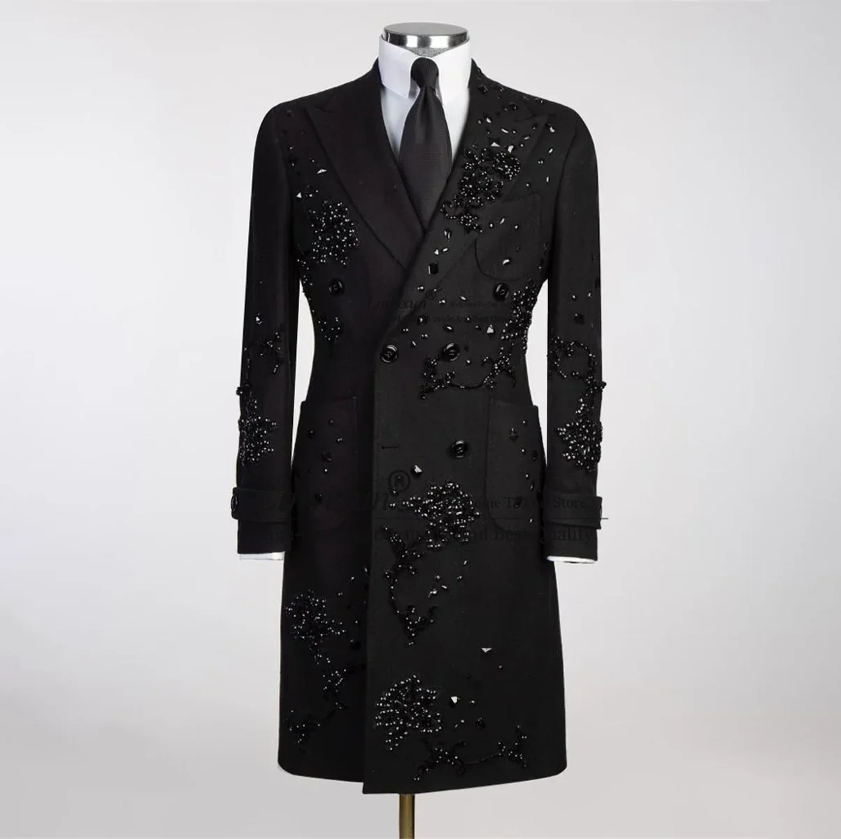 Customized Beaded Crystals Men's Jackets Sequins Wedding Groom Tuxedos Dinner Party Prom Blazers Slim Long Coats For Men Clothes 2