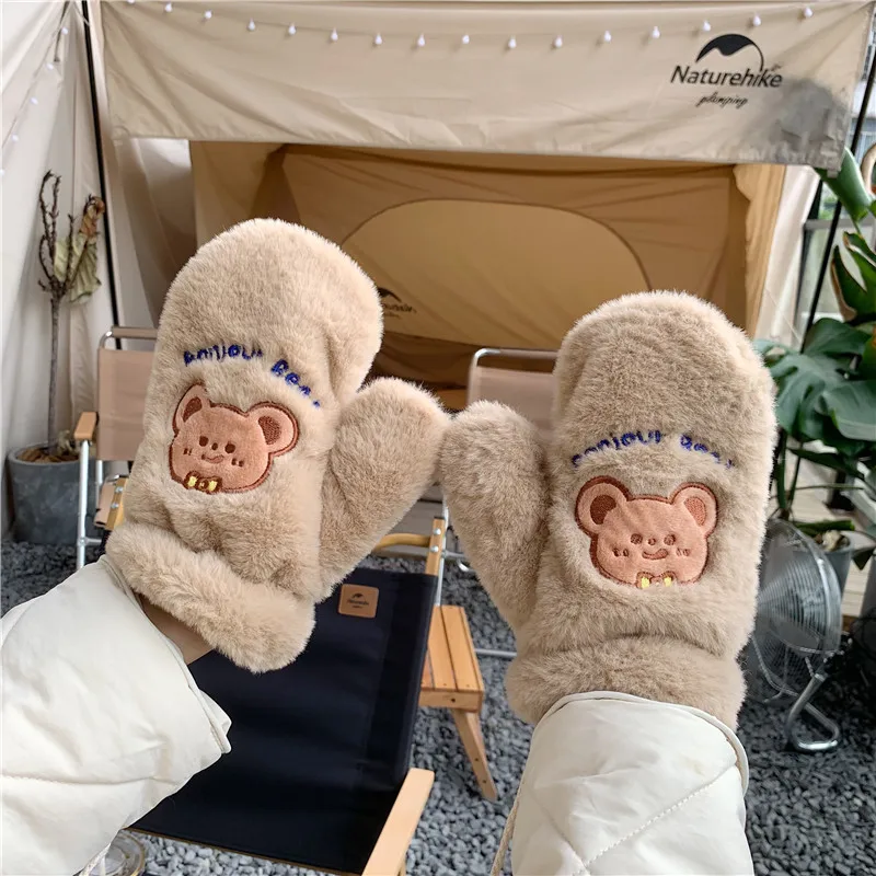 

Women Winter Gloves Cartoon Cute Bear Mittens Thicken Velvet Plush Gloves Cold Protection Warm Guantes Girls Soft Mittens Glove