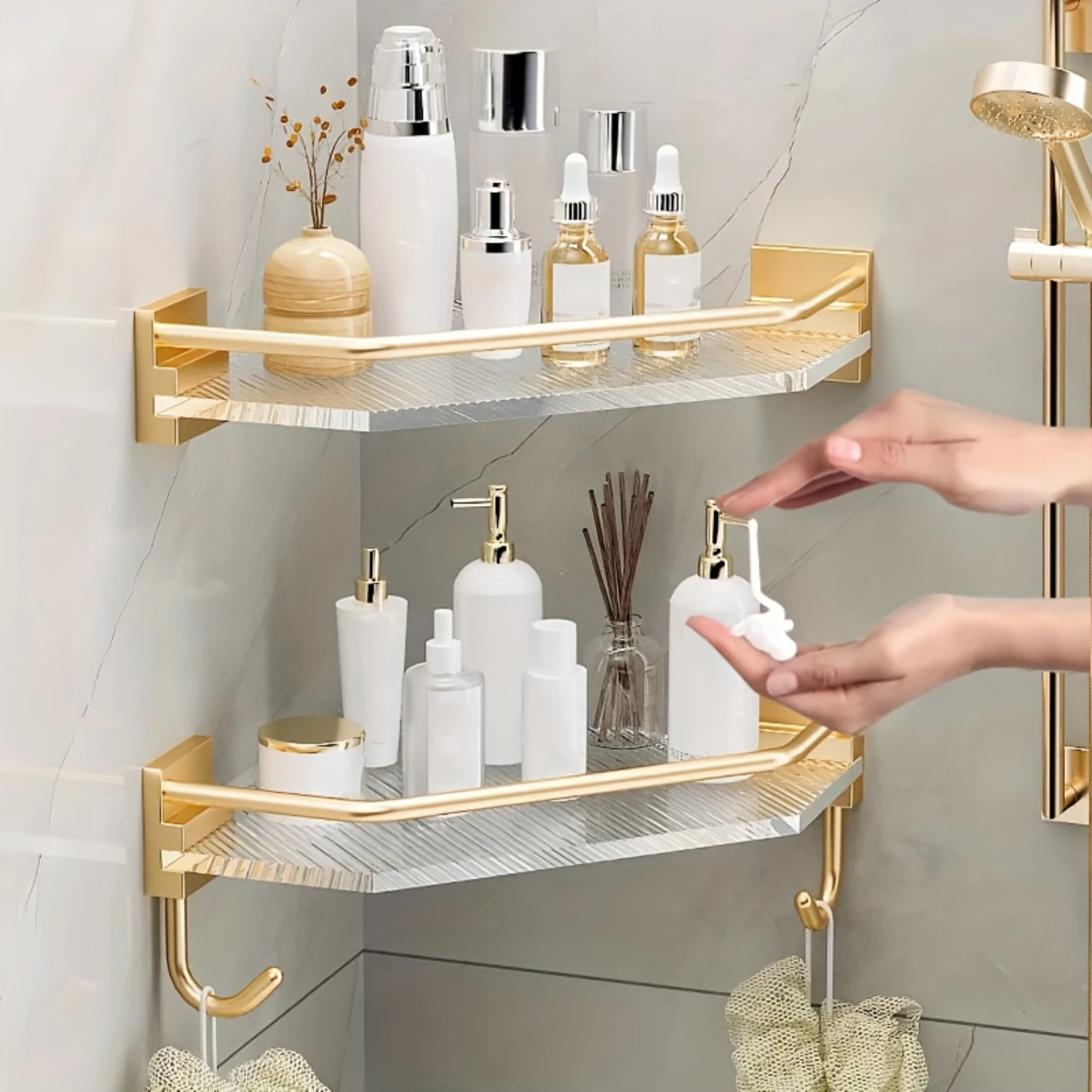 Acrylic Corner Shower Caddy, Wall Mounted Triangle Shelf for Shampoo Shower Gel, Bathroom Organizer & Accessories