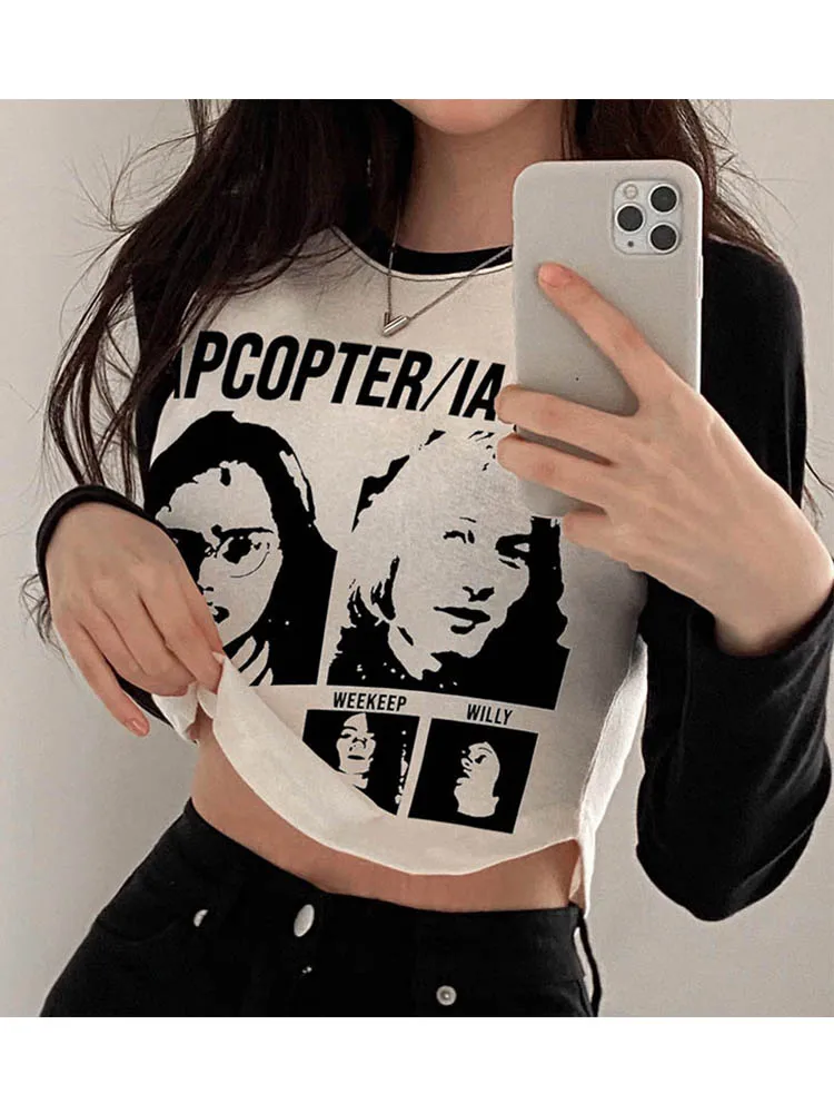 

Y2k одежда черно-белая футболка с принтом графического портрета с U-образным вырезом и рукавом реглан футболка с длинным рукавом Осенняя женская одежда Корейская одежда