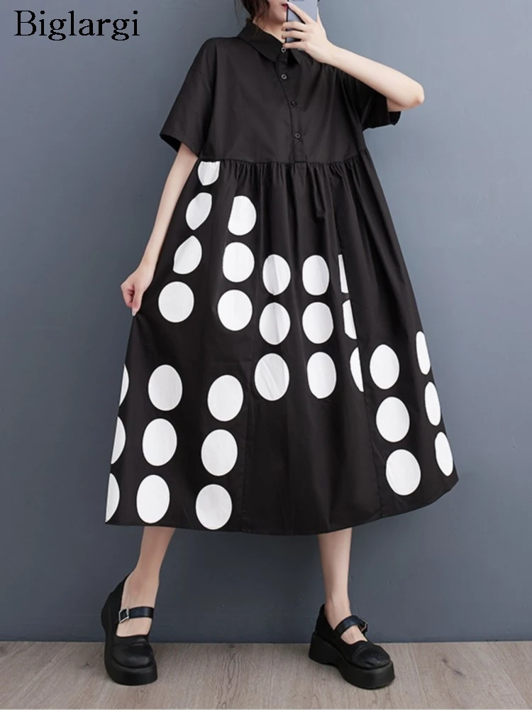 

Oversized Summer Midi Shirts Dress Women Irregular Polka Dot Print Modis Ruffle Ladies Dresses Casual Loose Pleated Woman Dress