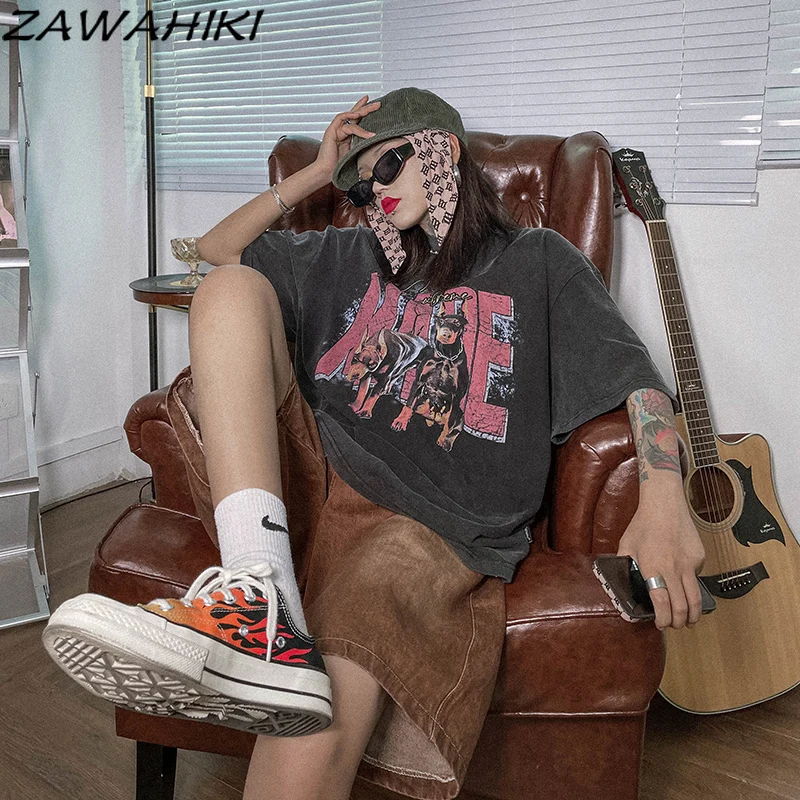 

American Retro Washed Distressed Loose Short Sleeve T Shirt Women Letter Cartoon Graphic Print Black High Street Fashion Tees