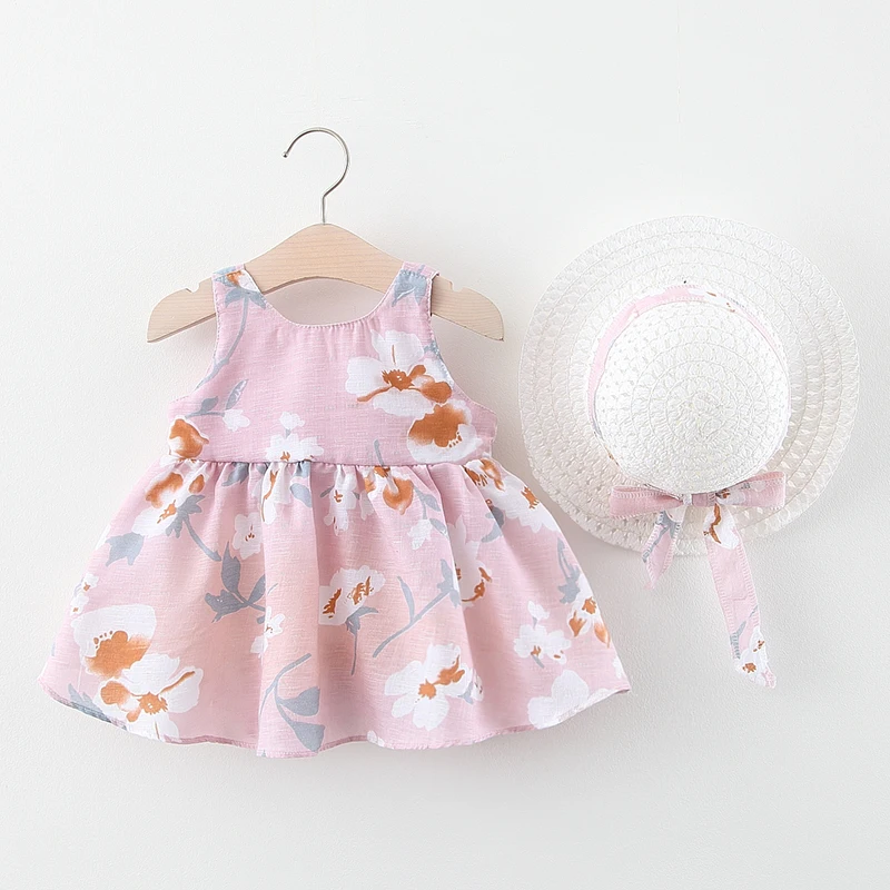 

Baby Girl Dress 2020 Summer Bow Print Dress With Hat 2 piece Baby Clothes Suits Bohemia Style Newborn Infant Toddler Dress