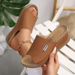 Women's Summer Wedge Slippers - New Fashion Open Toe Breathable Sandals with Comfortable Buckle Slides - 38 (Brown)