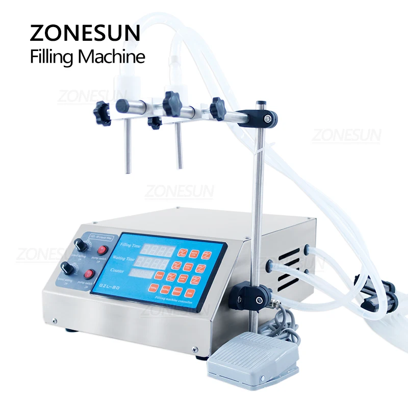 Liquid Filling Machine Filling Machine ZONESUN Electric Liquid Filling Machine 2 Head Diaphragm Pump Pedal Control Bottle Filler Vinegar Beverages Juice Milk Cosmetics