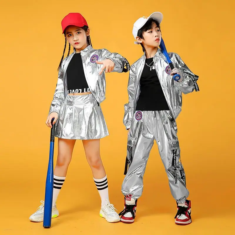 Silver Suit Girls Boys Ballroom Jazz Dance Costumes Hip Hop Shirt Skirt Pants Stage Outfits Kids Dancing Clothes for Child Dance