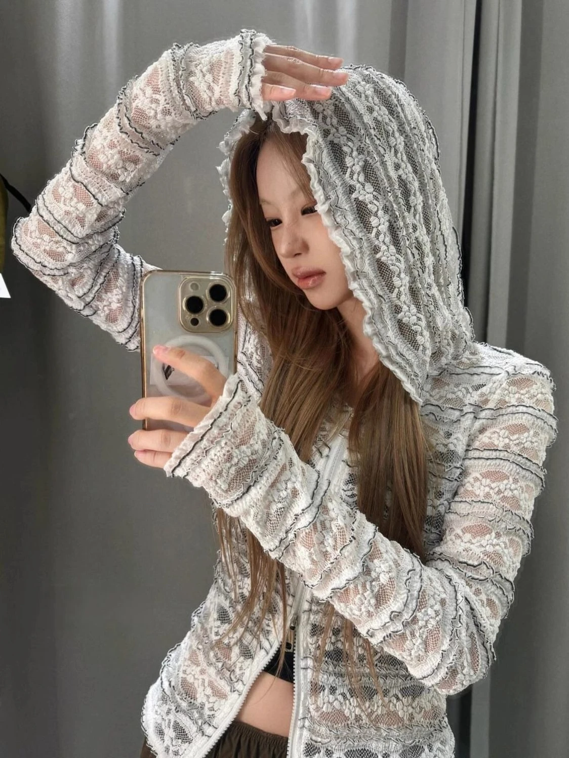 빈티지 속이 비치는 후드 긴팔 티셔츠 여성 2025 가을 신상 하이 스트릿 스트라이프 지퍼 캐주얼 레이스 탑 - AliExpress