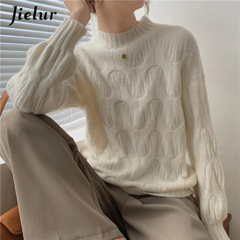 

Jielur New Korean Style Winter White Knitted Sweaters Women All-match Pullover Pure Color Fashion Sweater Casual Knitwear Jumper