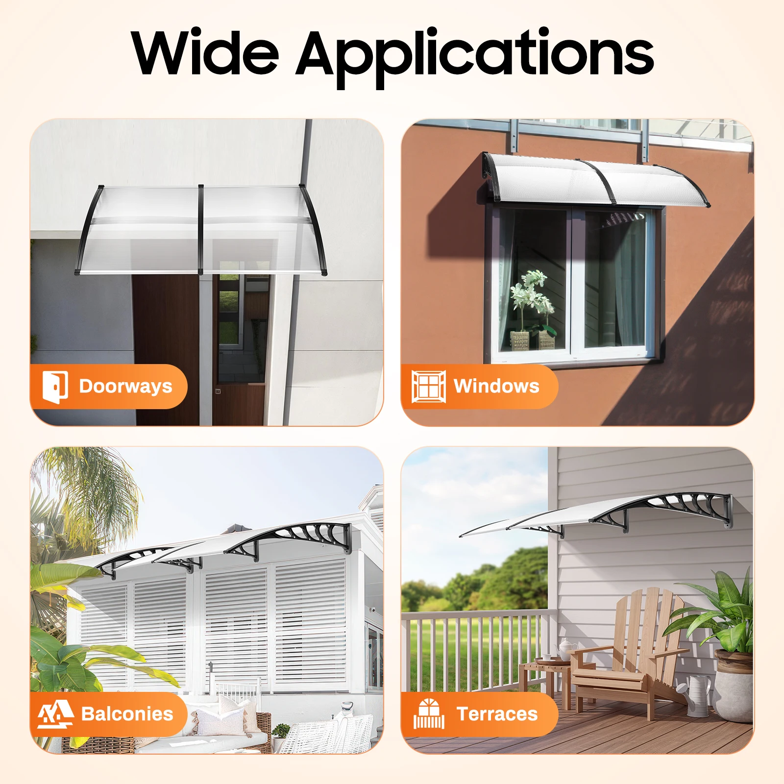 200x90CM Transparent Door Canopy 95% UV Block Weatherproof Arc Cover for Porch Balcony Window