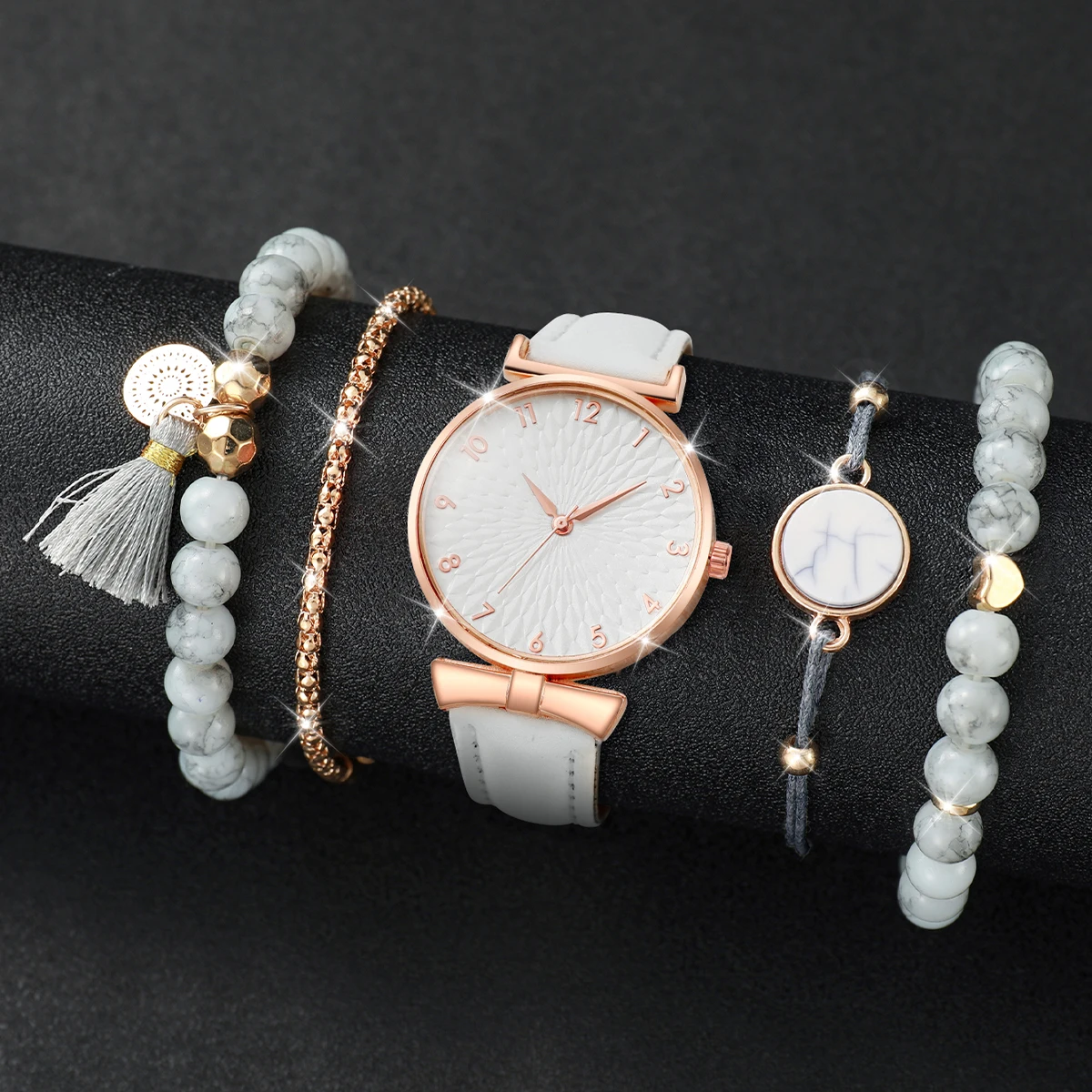 5PCS/Set Women's Watch Fashion Arabic Dial Quartz Watches Leather Band Wristwatches Beads Bracelets Set（Without Box） 2