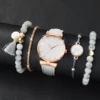 5PCS/Set Women's Watch Fashion Arabic Dial Quartz Watches Leather Band Wristwatches Beads Bracelets Set（Without Box） 2