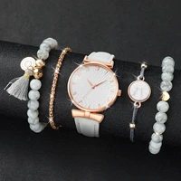 5PCS/Set Women's Watch Fashion Arabic Dial Quartz Watches Leather Band Wristwatches Beads Bracelets Set（Without Box） 2
