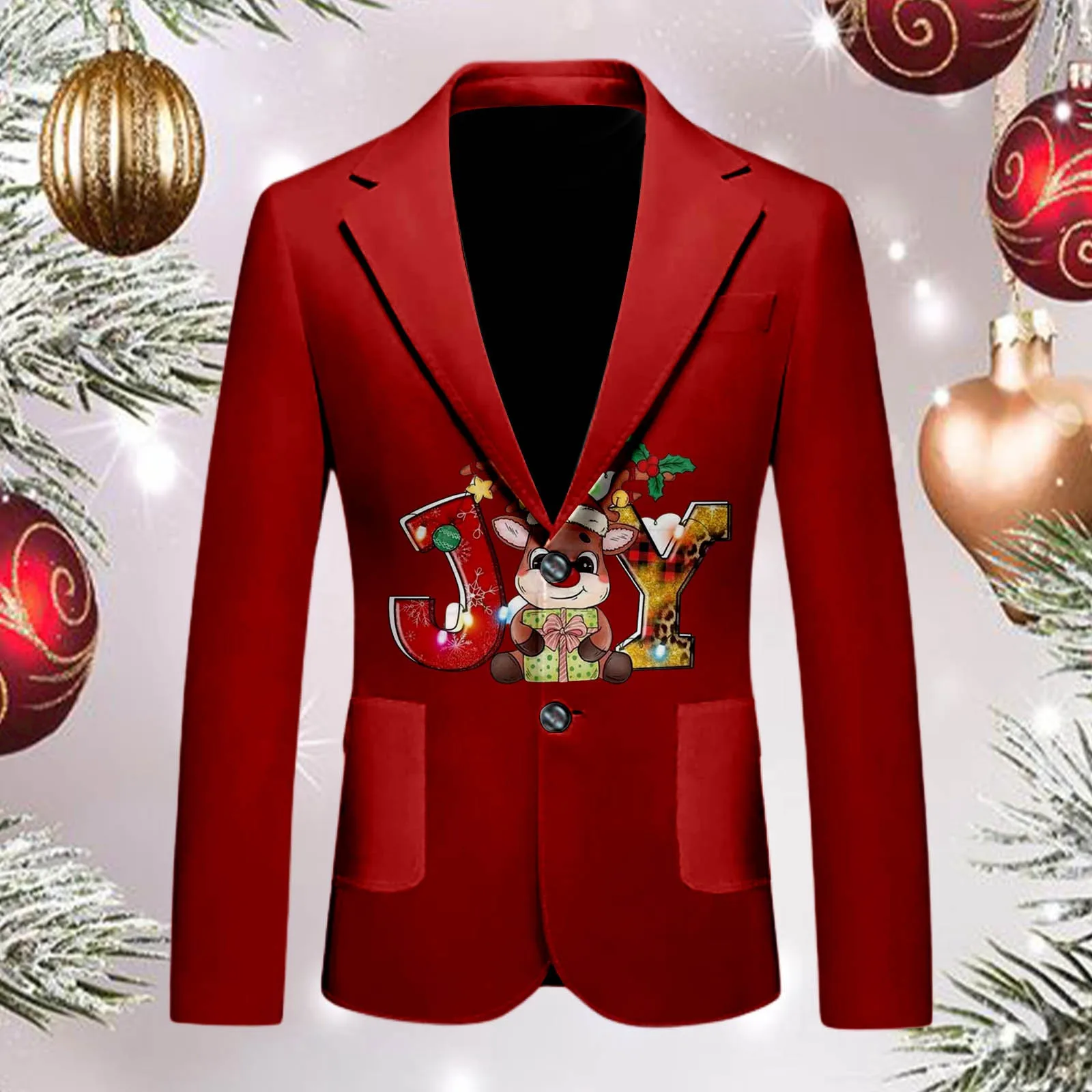 Men's Christmas Cute Cartoon Reindeer Printed Loose Casual Soft Lapel Single Breasted Fashion Funny Suit Jacket With Pockets