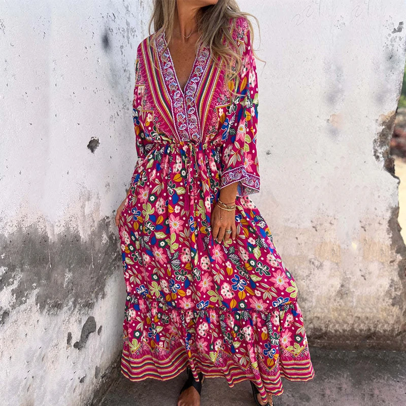 

2024 Elegant Floral Print Lace-up Waist Long Dress Women Causal Long Sleeve Bohemian Party Dress Sexy V-neck Pleated Maxi Dress