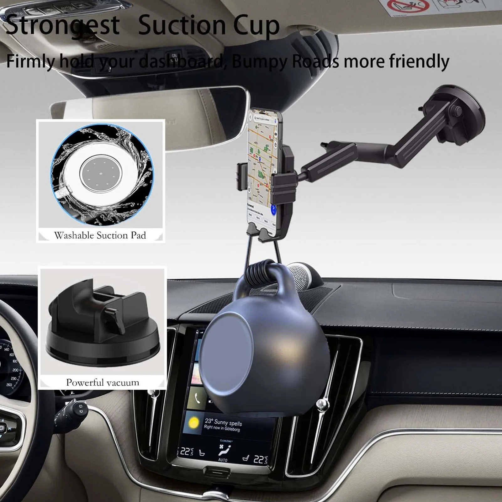 Heavy-Duty Dashboard Phone Holder with Long Stabilizing Arm and Super Suction Cup - Black