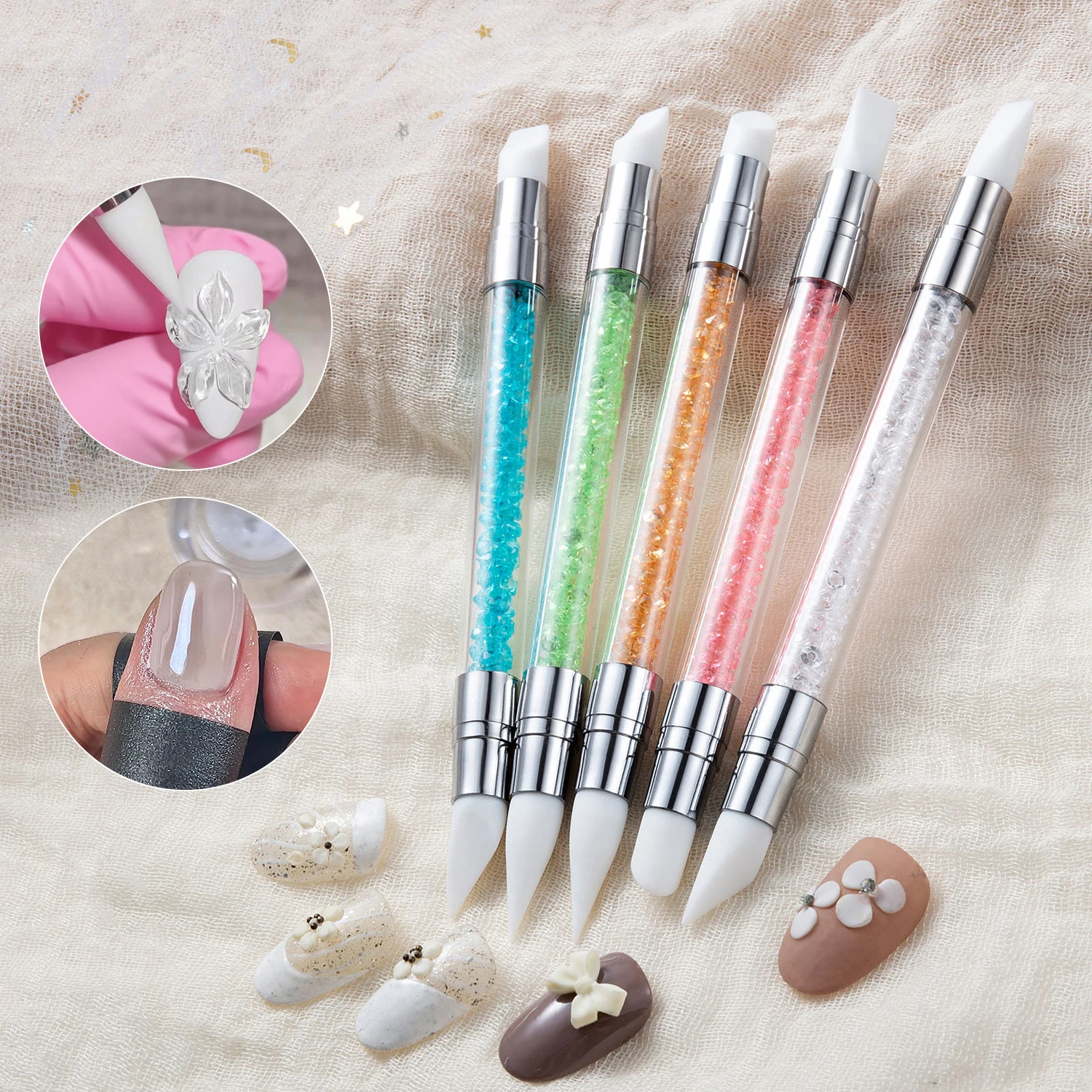 Nail Art Pen 5PCS Double Head Silicone Nail Art Embossing Pens 3D Flower Sculpting Tools with Adjustable Tips for Chrome Powder Application
