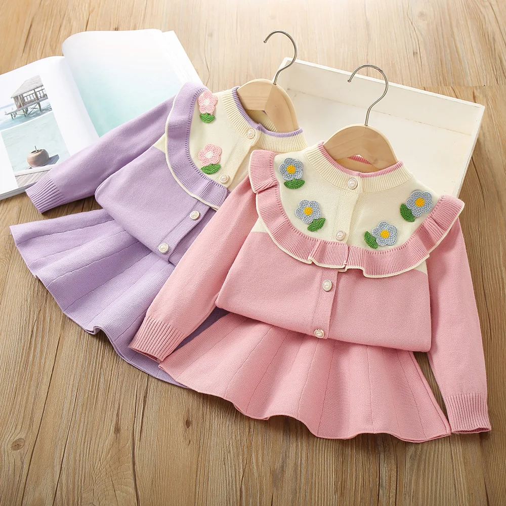 

Childrens Sets Girls Sweater Autumn New Flower Knitting Open Stitch Princess Style Sweet Casual Simple Korean Striped