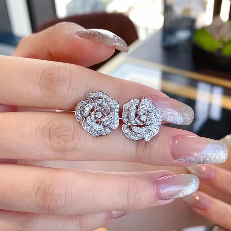 Charm Flower Lab Diamond Stud Earring Real 925 Sterling Silver Promise Wedding Earrings for Women Bridal Party Jewelry