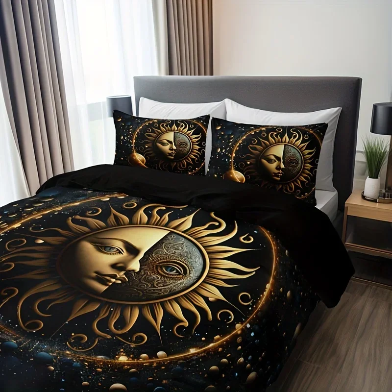 Moon Stars Celestial Sun Duvet Cover Set Golden Printed Bedding Set For Home Decor