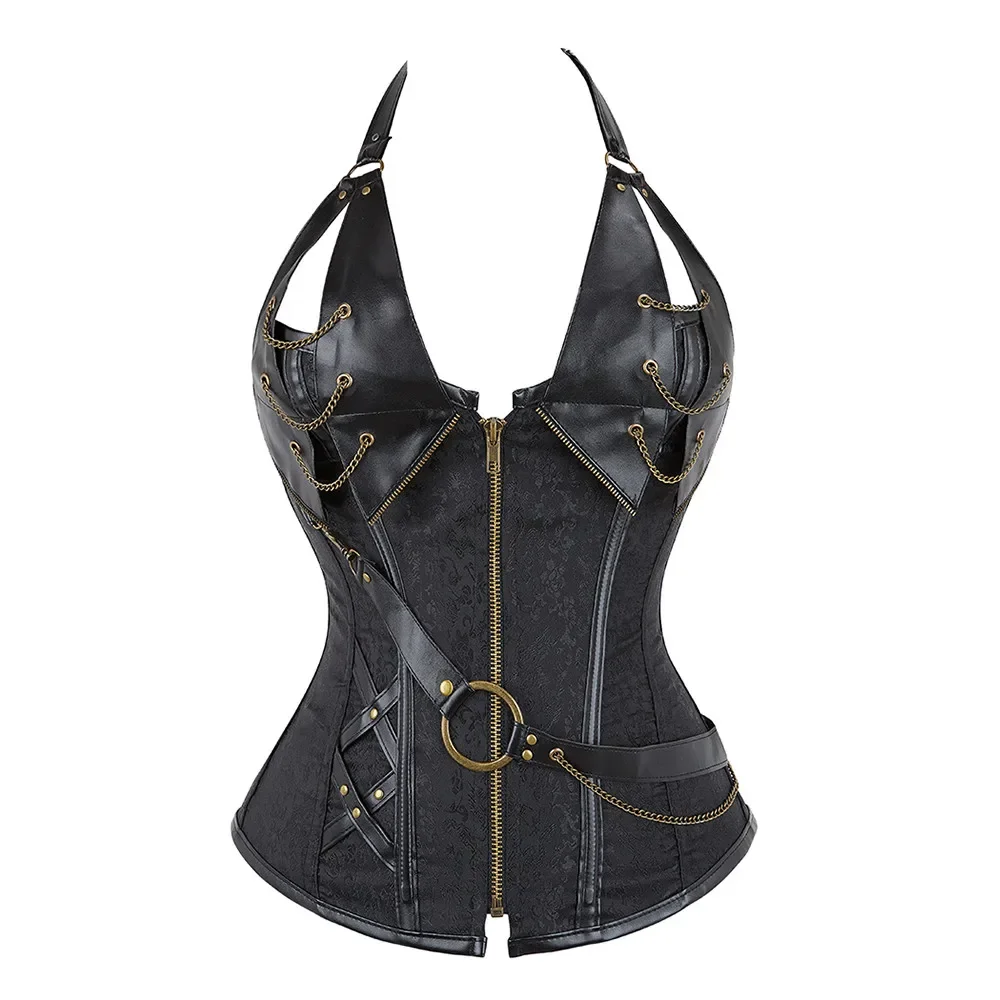

Steampunk Corsets and Bustiers Halter Plus Size Pu Leather Corset Tops Chain Gothic Punk Pirate Vintage Burlesque Corselet