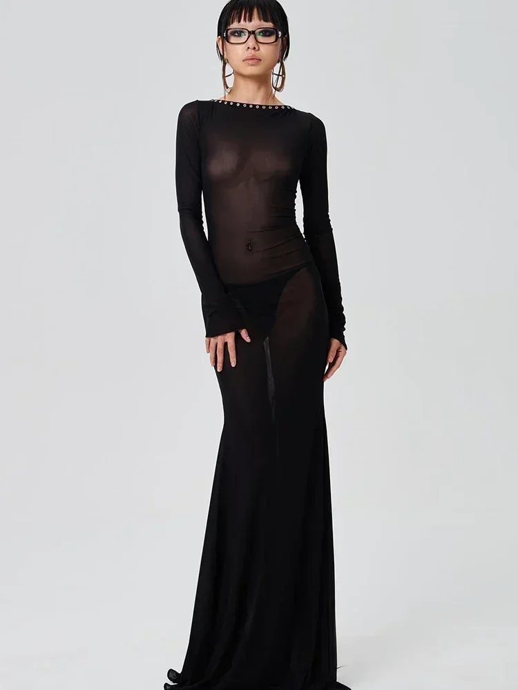 See Through Sheer Sexy Slim Bodycon Maxi Dress 2023 Mesh Black Long Sleeve Backless Summer Women Beach Nightclub Outfit