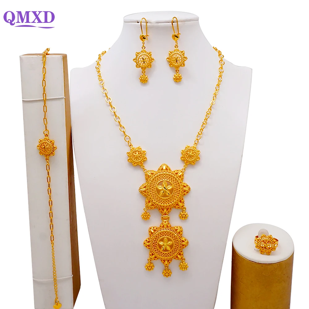 

New Dubai Gold Color Copper Jewellery Long Necklace Pendant Earrings Jewelry Set Ethiopian Indian For Women Wedding Party Gifts