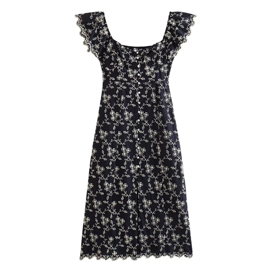 

Maxdutti Fashion Elegant Tank Dress Ladies French Midi Dress Country Style Floral Embroidery Sleeveless For Women