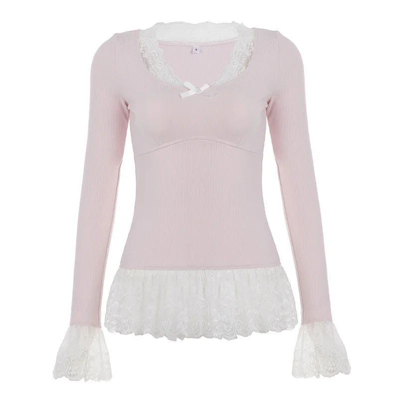 Sweet Patchwork Lace Trim Bow T-Shirt Casual Slim V-Neck Long Sleeve Tees Women 2025 Autumn Spring Fashion Streetwear Ladies 5