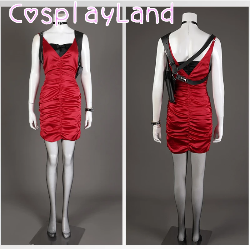 

Ada Wong Cosplay Game New Costume Women Sexy Red Pleated Hip Bodycon Mini Dress Halloween Carnival Disguise Suit Party Ball Gown