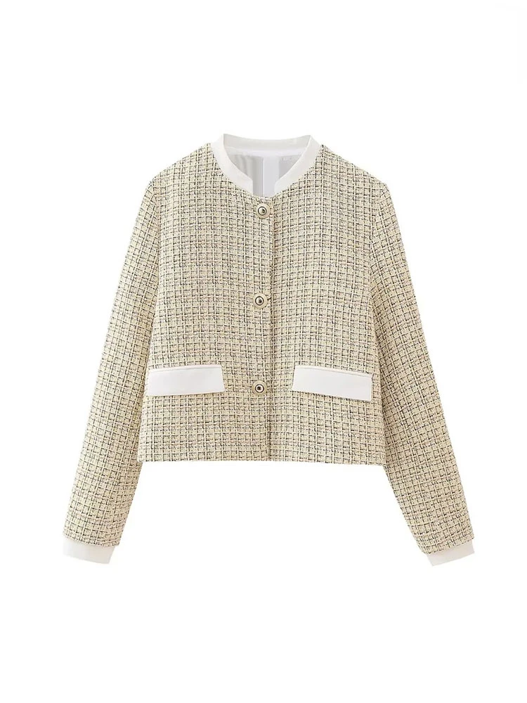 TRAF Women Blazers Fashion with Pockets Tweed Cropped Blazer Coat Vintage Long Sleeve Front Button Female Outerwear Chic Tops