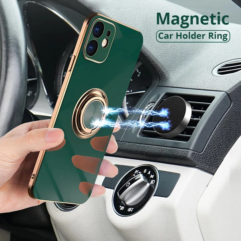 Silicone Ring Holder Phone Case For iPhone 11 12 13 14 15 Pro Max Mini X XR 8 Plus With Rotate Kickstand Shockproof Cover