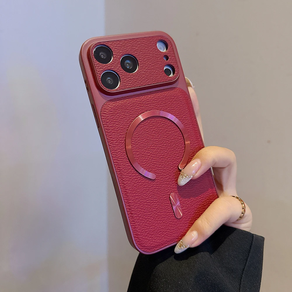 Vintage-Style Leather Magnetic Wireless Charger Case with Full Lens Protection and Shockproof Bumper