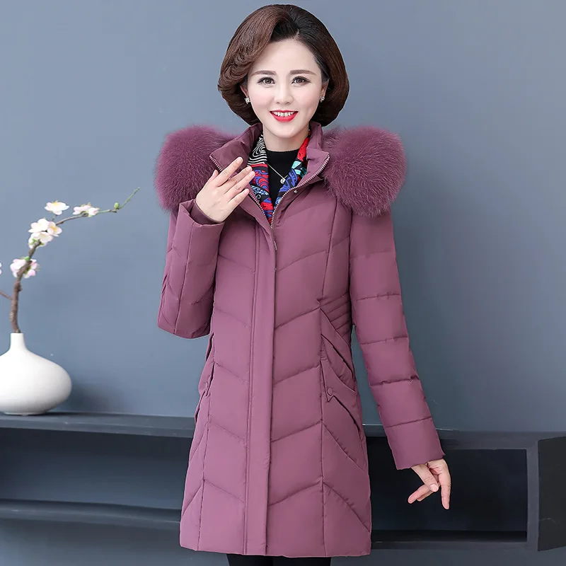 Real Fur Collar White Duck Down Down Jacket Women's Mid-length 2021 New Winter Wear Middle-aged and Elderly Mom Large Size Hoode