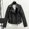Women Cropped Trench Lapel Collar Leather Jackets Coat with Belt Female Single Button Short Jacket Motorcycle Jacket Outwear