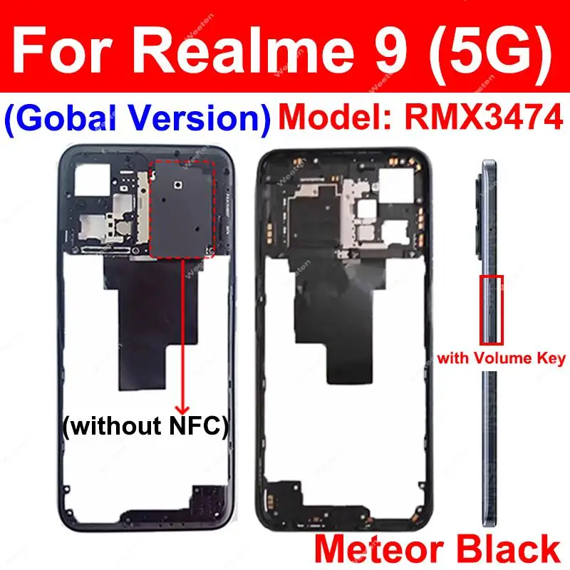 Realme 9 5G 글로벌 RMX3474용 중간 프레임 NFC 부품이 없는 측면 버튼이 있는 중간 프레임 하우징 커버 홀더 베젤