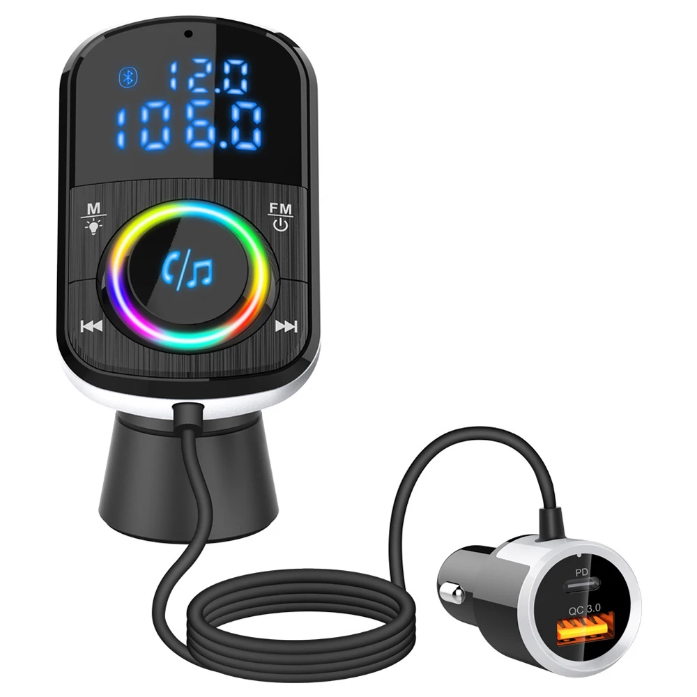 BC71 Car FM Transmitter Car Charger Bluetooth 5.0 QC 3.0 Fast Charge PD Charger MP3 Music Player Ambient Light TF Card