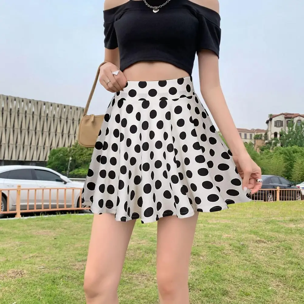 Women Spring Summer Dot Printed Skirt Soft Breathable Loose High Waist A-line Pleated Midi Dress Fashion Party Costume 6