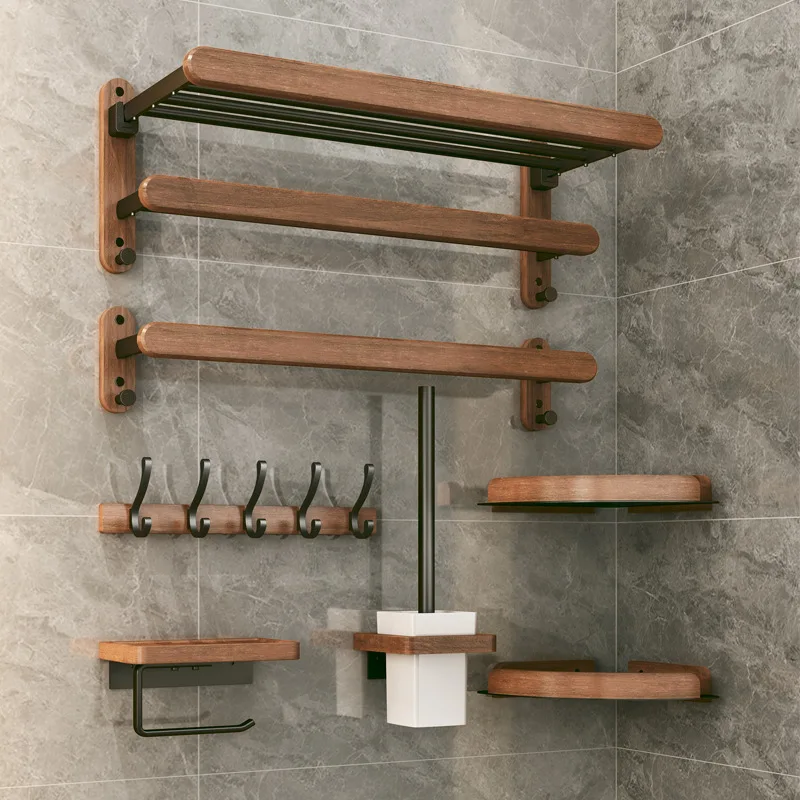 Walnut Wood Black Bathroom Hardware Set Bathroom towel rack Towel Rack Toilet Paper Holder Towel Bar Shelf  Bathroom Accessories