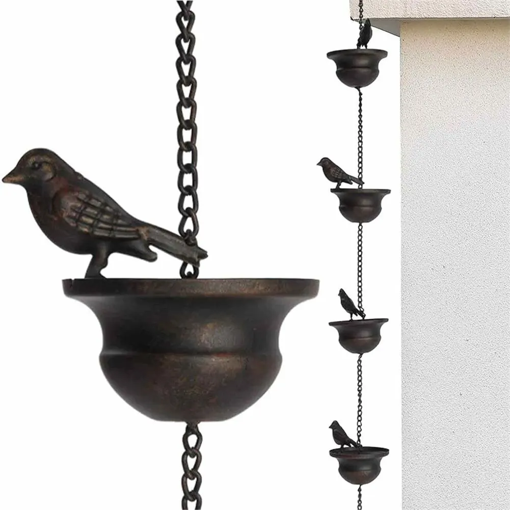 Creative Birds On Cups Metal Rain Chain Rain Catcher Chain Mobile Bronze Decorative Bird Rainwater Garden Display Pendant